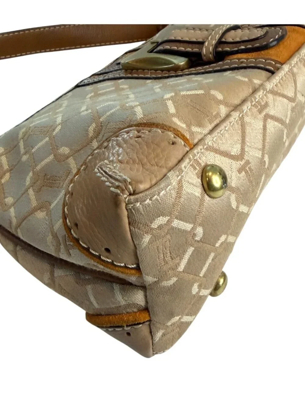 Tignanello Jacquard Logo Fabric Shoulder Handbag Baguette Style Y2K Buckle